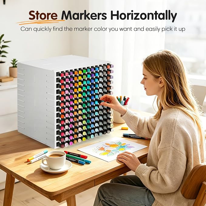360° Rotating Marker Storage Rack, 338 Individual Slots Desktop Organizer Holder for Art Markers, Pens, Color Pencils - White