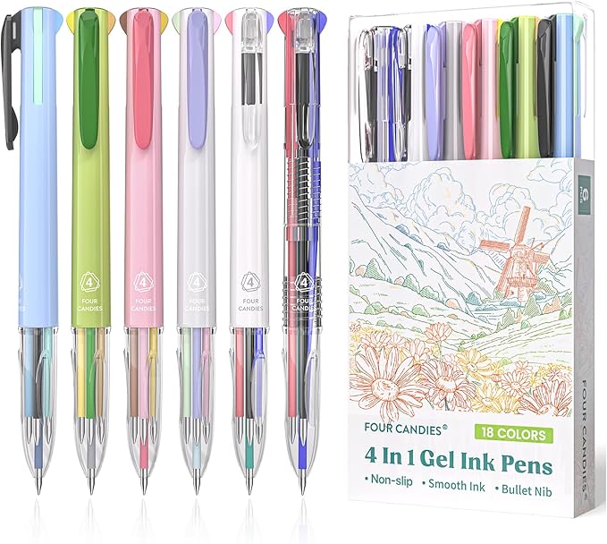 Four Candies Multicolor Pen, 4-in-1 Gel Ink Pens, 6 Pack, 18 Colors, 0.5mm | Retractable Multi Color Pens Fast Dry, Gift Pens for Planner Journaling,Back to School Supplies & Nurse Accessories for Work