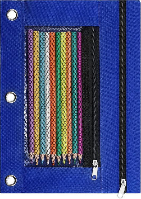 Pencil Pouch for 3 Ring Binder, Pencil Case with Zipper, 600D Fabric Pencil Pouch Bag Holder Accessories, Clear Window Pencil Case Aesthetic Back to School Organizer Pockets for Boy Girl (Blue)