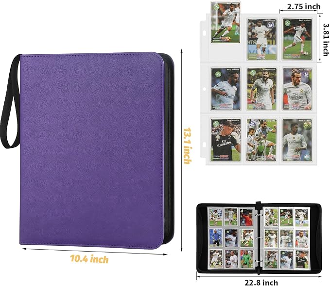 GERMUN 3 Ring 9 Pocket Zipper Card Binder, 720 Double Sided Standard PU Trading Card Album Folder for TCG & Sports Cards, Not Fit Top Loaders (purple)