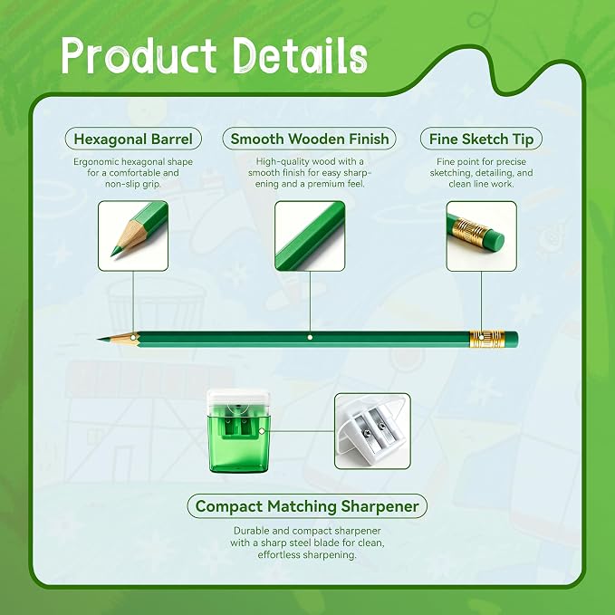 12 Pcs Green Pencils with Eraser for Kids HB Erasable Pencils Pre-Sharpened Professional Wooden Pencils Set with Smooth Lead Cores, Ideal for School Drawing, Sketching, Coloring and Creative Projects