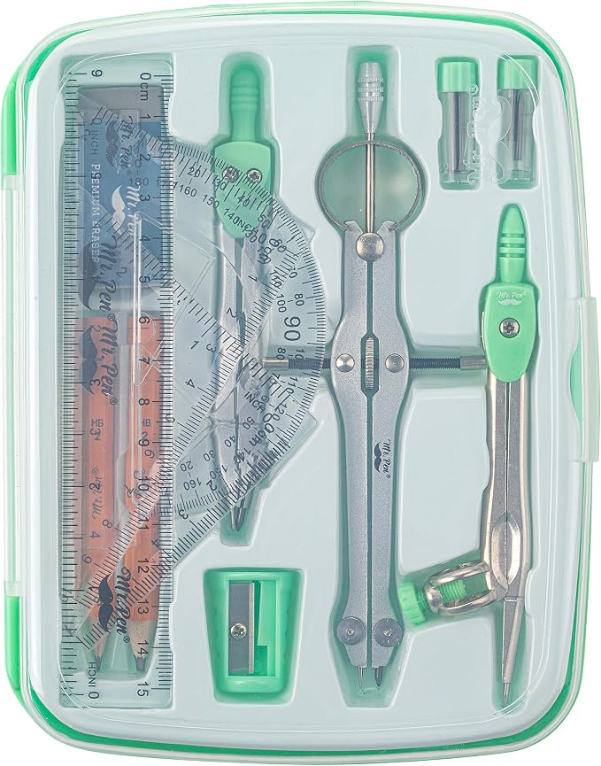 Mr. Pen- Geometry Set, 13 pcs, 3 Metal Compasses, Protractor, 6" Ruler | 45° & 30°/60° Set Squares, Pencils, Lead Refills, Sharpener & Eraser for Math, Drafting & Classroom Use | 45° & 30°/60° Set Squares, Pencils, Lead Refills, Sharpener & Eraser for ...