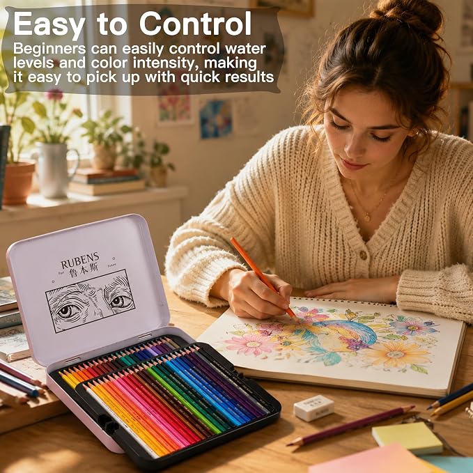 rubens Watercolor Pencils Sets, 48 Counts Soft Core Colored Pencils, Professional Artist Watercolor Pencils, Water Soluble Colors Pencils In A Metal Box for Adult Coloring, Drawing, Sketching