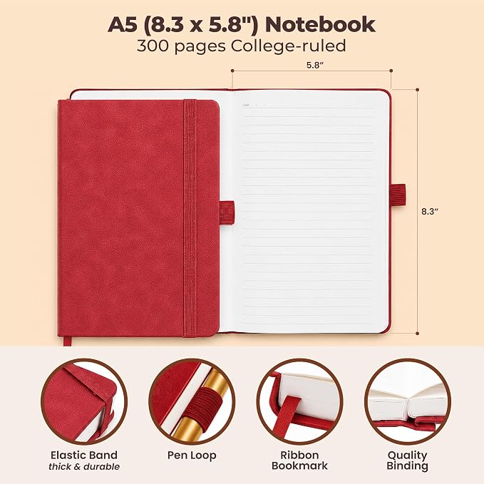 A5 Premium Leather Journal Red 5.8x8.3" Lined Leather Notebook 300 Pages | Journal for men & women, leather bound journal for men, journal notebook. Durable notebook for everyday writing.