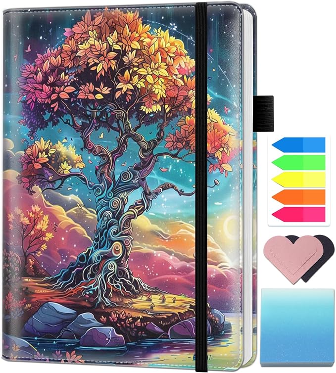 A5 Leather Lined Journal Notebook, 200 Pages Hardcover Executive Notebook for Men Women Office School Note Taking, Thick Writing Paper Daily Journal with Bookmarks/Indexes, Tree of Life