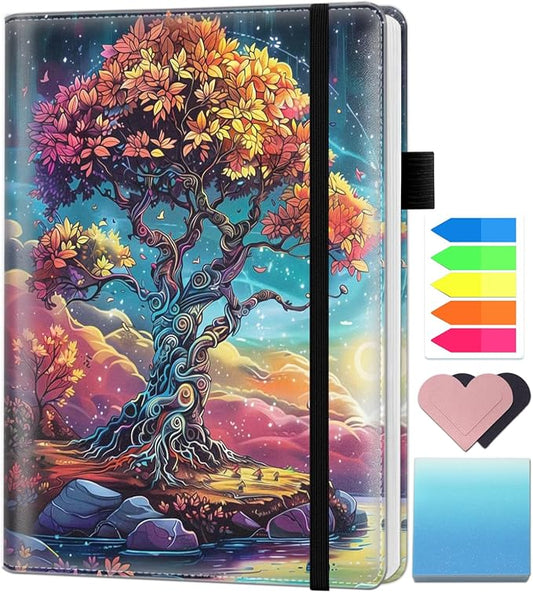 A5 Leather Lined Journal Notebook, 200 Pages Hardcover Executive Notebook for Men Women Office School Note Taking, Thick Writing Paper Daily Journal with Bookmarks/Indexes, Tree of Life
