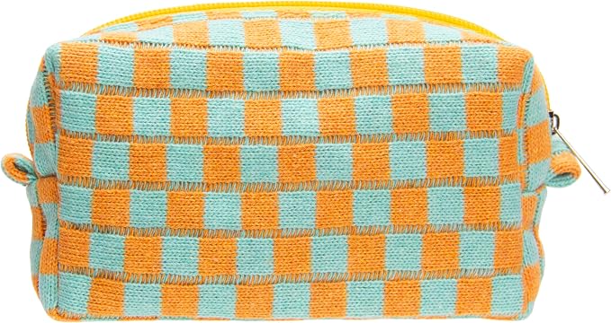 Checkered Makeup Bag for Purse, Small Travel Cosmetic Pouch,Orange Green | Cute Zipper Makeup Organizer for Women, Travel Essentials, Toiletries, Makeup Brushes, Beauty Accessories&Bridesmaid Gifts