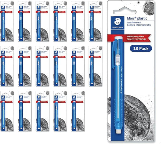 STAEDTLER Mars Plastic Eraser Pen, 18-Pack, 18 Total Count German-Made Retractable Pencil Eraser, Vinyl Stick Eraser with Blue Holder for Architectural Sketching, Drawing Supplies for Artists