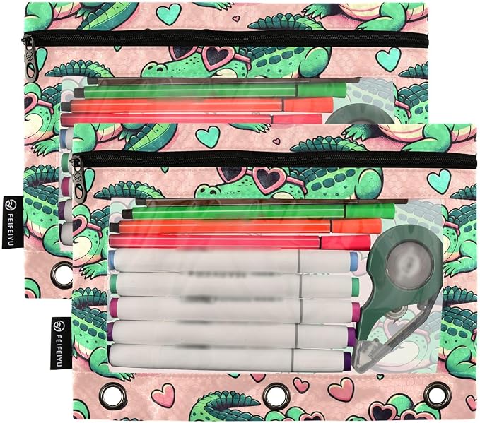 Alligator Crocodiles Pink Pencil Pouch for 3 Ring Binder 2 Pack Zipper Binder Pencil Bag Case with Clear Window Office School Supplies