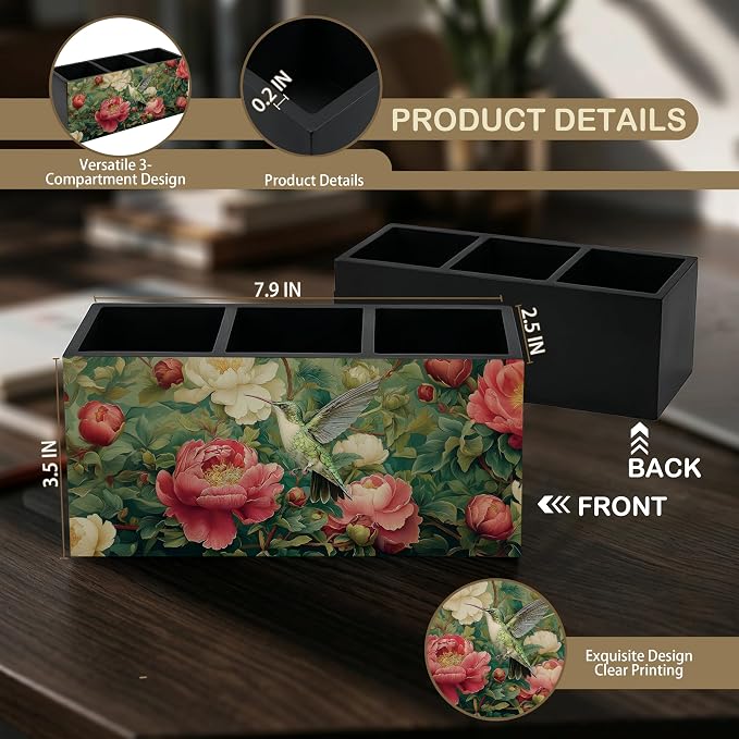 Vintage William Morris Inspired Floral Hummingbird Wooden Pencil Pen Holder for Desk Accessories, Rustic Botanical Hummingbird Bird Makeup Brush Holder Organizer for Bathroom Vanity