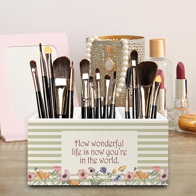Girls Room Floral Pen Pencil Holder Organizer for Desk, How Wonderful Life Is Now You're in the World Neutral Striped Flower Wooden Box Signs Decorations for Kids Girls Nursery Room Desk Tabletop
