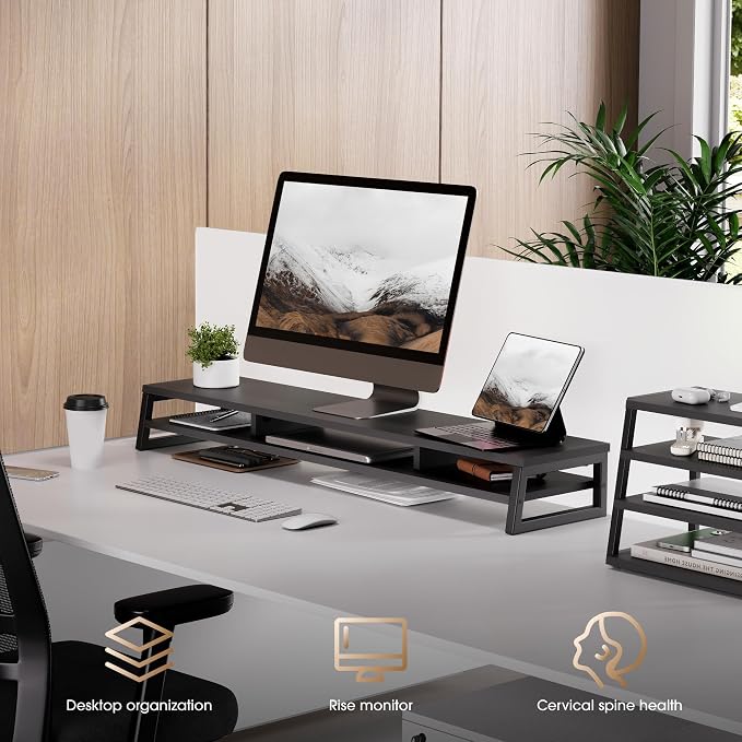 Fenge Dual Monitor Riser for Desk, Open Shelf with 3 Storage Compartments | 42.5in Computer Monitor Stand, 2-Tier Desk Shelf for Top of Desk,One-Piece Panel, fit Ultrawide Monitor, PC, Laptop, Black