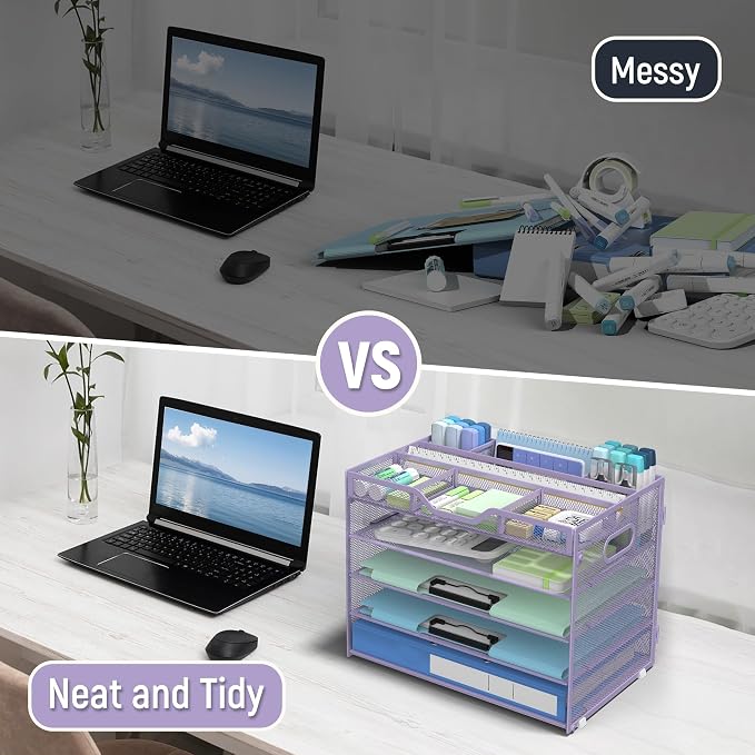Docnest 5 Tier Mesh Desk Organizer with Removable Tray&Pen Holder, Purple | Features 3 detachable pen holders and 4 removable dividers.Versatile mesh desktop storage for mail, document,office supplie