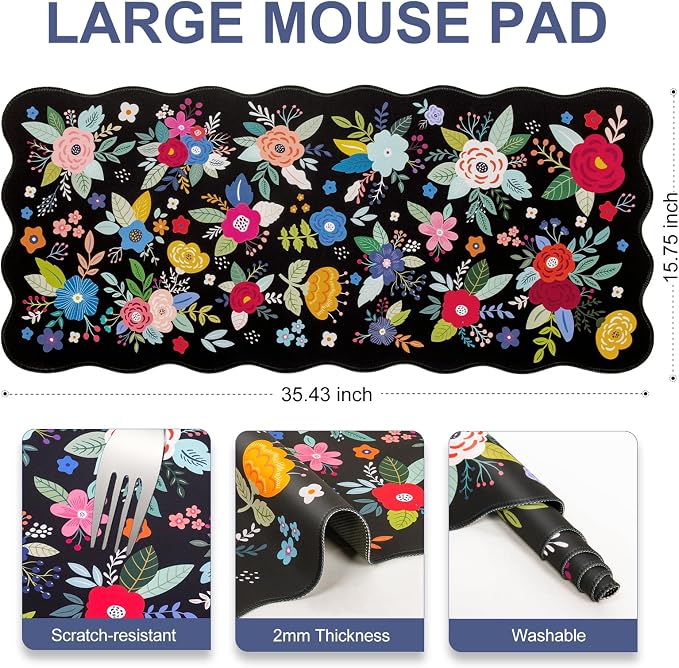 L-SPOUTTO Floral Mouse Pad,Botanical Desk Mat XXL Large Scalloped Gaming Mousepad,35.4x15.7in Non-Slip Rubber Base Keyboard Pad Waterproof Desktop Mat for Laptop Computer Game Home Office-Flowers