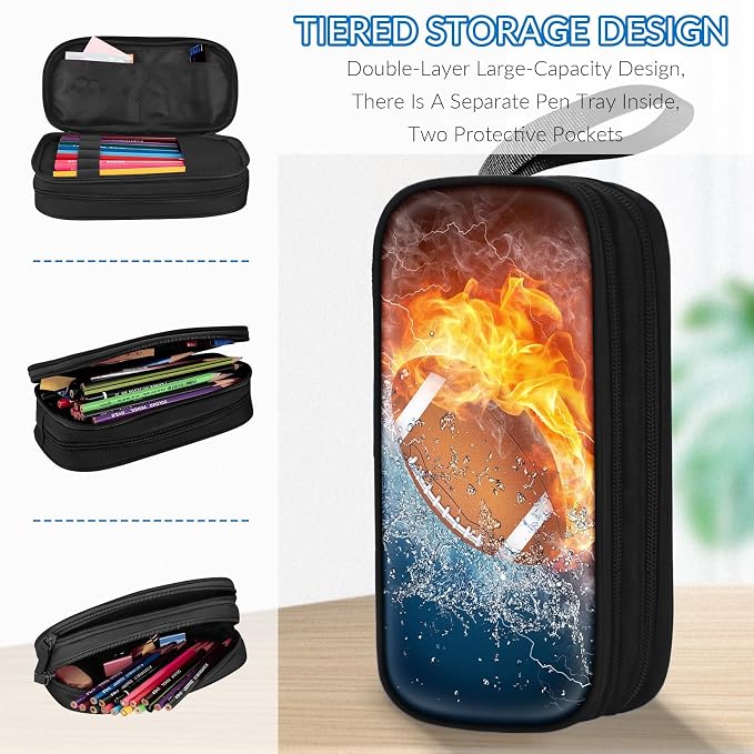 TILYTADLY Large Pencil Case for Boys - American Football Boys Pencil Pouch with Zipper Compartments - Big Capacity Pen Box Pen Bag Organizer with Keychain for Kids Teens School