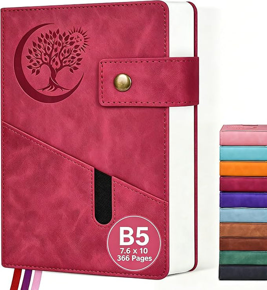 PAIBAS 7.6 x 10 Lined Notebook Journal 366 Pages Leather Journal for Women | Large notebook B5 journal with 100gsm lined notebook paper college ruled, 3 ribbon bookmarks, cover pocket & brass snap.