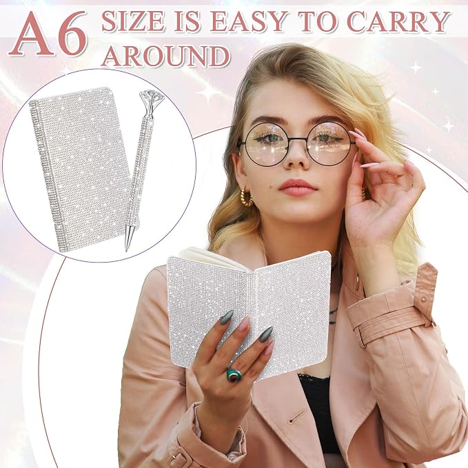Rhinestone Pen & Glitter Notebook Set, Hard Cover Bling Diary Journal for Girls, Cute School Supplies for Back to School, Sparkly Desk Accessories Gift for Women(Rhinestone,A6,White)