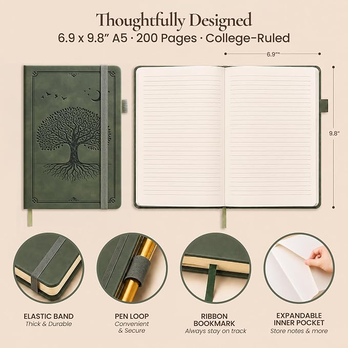 Lined Journal Notebook Hardcover Leather Bound 200 Pages B5 Green Diary | College Ruled 6.9x9.8" Journaling Notebooks for Men & Women, Writing for Personal, Large Travel Daily Note Book Tree of Life
