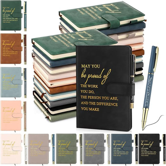 Kosiz 20 Pcs/10 Sets Employee Appreciation Gift Bulk A5 Leather Notebook Inspirational Journal Pen Thank You Gift for Men Women Coworker Teacher Office Back to School(Morandi,Proud)