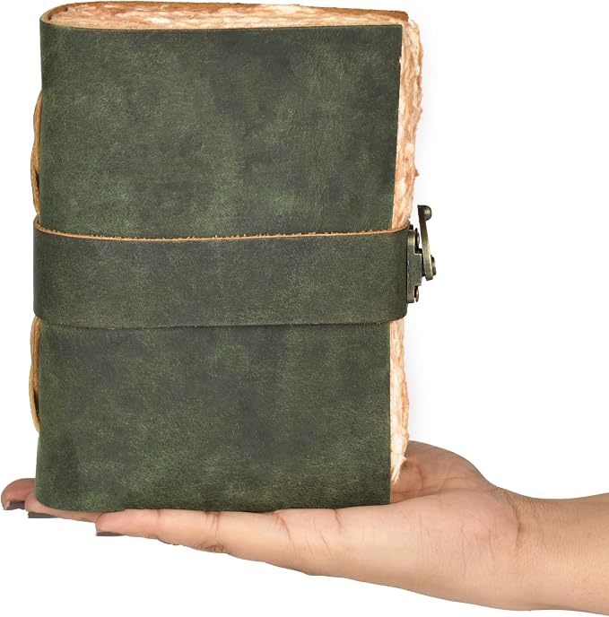 LEATHER VILLAGE Leather Bound Vintage Journal for Women & Men - Book of Shadows - Lock Closure - 200 Pages of Antique Deckle Edges Handmade Watercolor Paper - Green - 10X7 inches