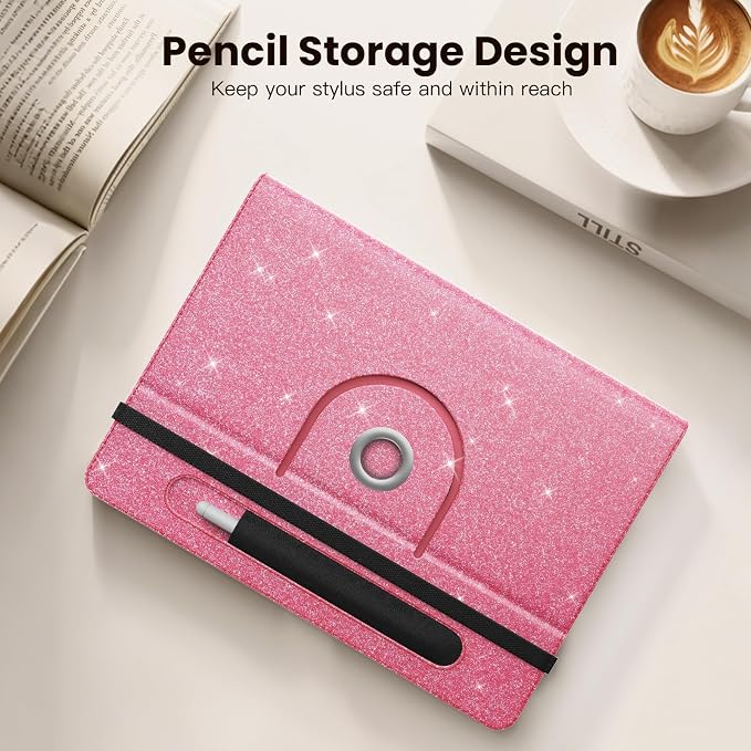 MoKo for Universal 11 inch Android Tablet Case with Pen Holder, Shiny Pink | Fits All 9.6-11 inch Tablets, Slim 360 Degree Rotating Cover, Multi-Angle Stand, Front Pocket, No fit iPad/NO back opening