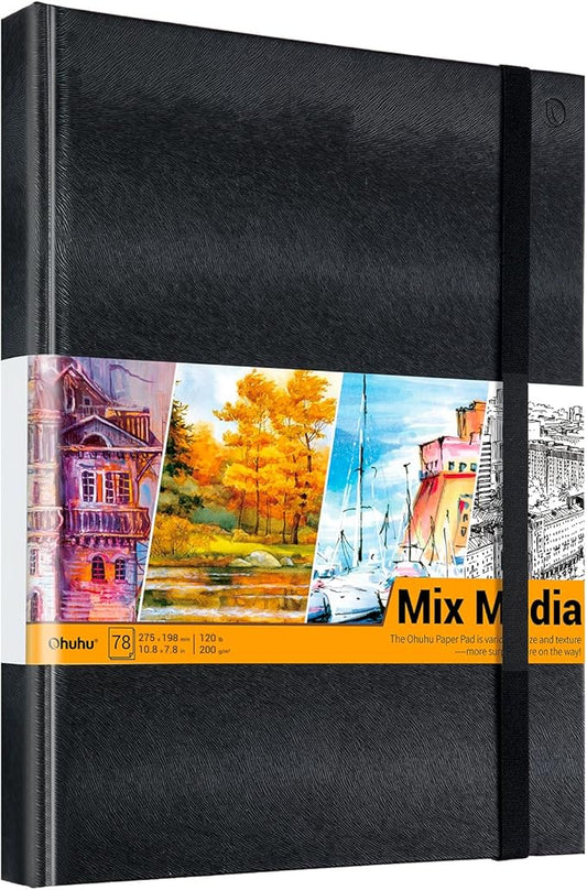 Ohuhu Mix Media Pad - 10.8" x 7.8" Mixed Media Art Sketchbook, 120 LB/200 GSM Heavyweight Papers, 78 Sheets/156 Pages, PU Hardcover Mixed Media Paper Pad for Acrylic Painting Christmas Gift