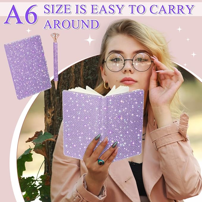 Resholder Rhinestone Pen & Glitter Notebook Set, Hard Cover Bling Diary Journal for Girls, Cute School Supplies for Back to School, Sparkly Desk Accessories Gift for Women(Pearl,A6,Purple)
