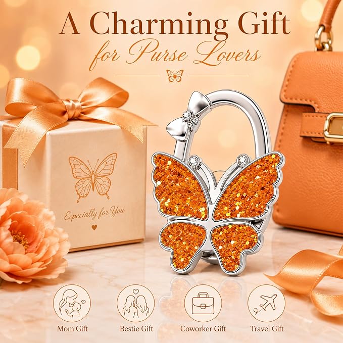 Purse Hook for Table, Foldable Handbag Hanger for Women, Portable Bag Holder with Non-Slip Base, Cute Sequin Orange Butterfly Purse Table Hook for Restaurant Office Travel Gift