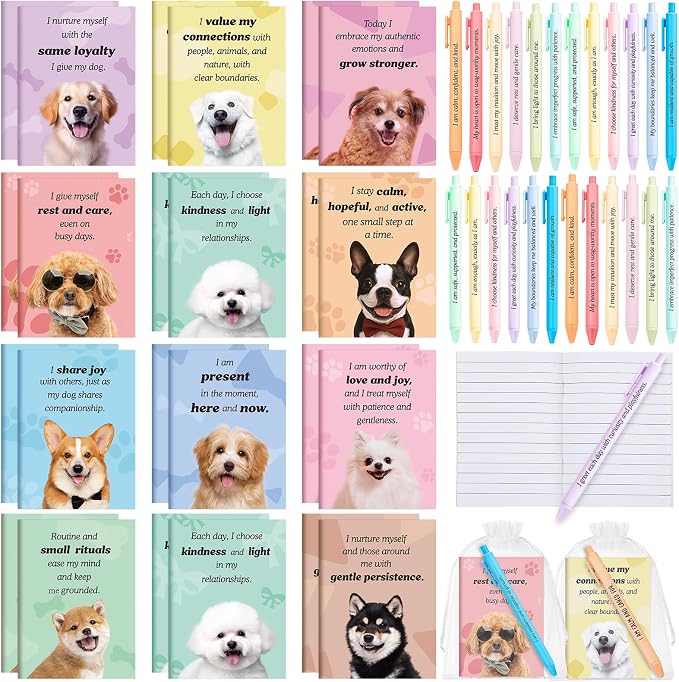 Mooliwe 48 Pcs Positive Affirmation Gift Set Gratitude Notebooks with Pens Small Bags Motivational Encouragement Notepads Daily Affirmations Journal for Women Stress Relief Self Care (Dog)