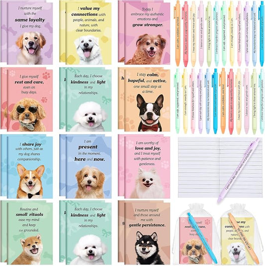 Mooliwe 48 Pcs Positive Affirmation Gift Set Gratitude Notebooks with Pens Small Bags Motivational Encouragement Notepads Daily Affirmations Journal for Women Stress Relief Self Care (Dog)