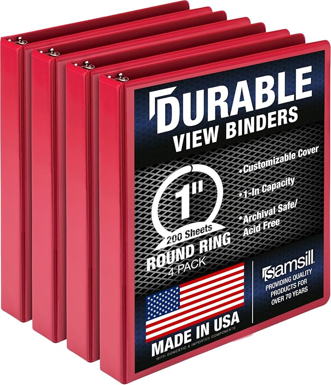 Samsill 4 Pack Durable 1 Inch 3 Ring Binders, Round Ring, Clear View Cover for Presentations, Red