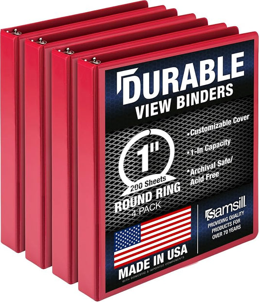 Samsill 4 Pack Durable 1 Inch 3 Ring Binders, Round Ring, Clear View Cover for Presentations, Red
