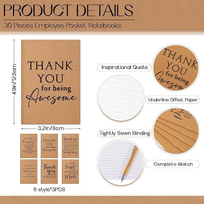 Teling 30 Sets Employee Appreciation Gifts Include Thank You Notebook Inspirational Wooden Retractable Ballpoint Pen with Organza Bag Notebook Journal for Back to School Staff Coworker Teachers