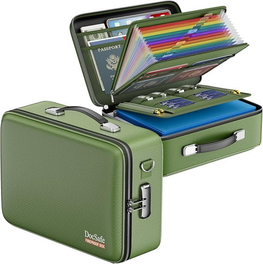 DocSafe Fireproof Document Box Hard Case with Lock ＆ Accordion File Folder | Fire and Water Resistant Safe Box,File Organizer,Multi-Pocket,Home Office Travel Storage for Important Document,Laptop,Green