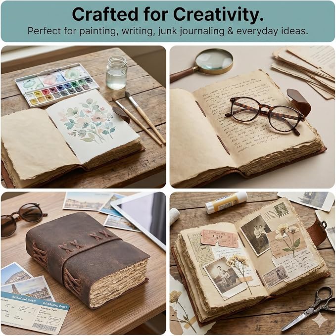 Leather Journal for Women & Men – Vintage Leather Bound Notebook with Lock, 200 Pages Handmade Deckle Edge Paper (200 GSM), Lay Flat Design, Book of Shadows