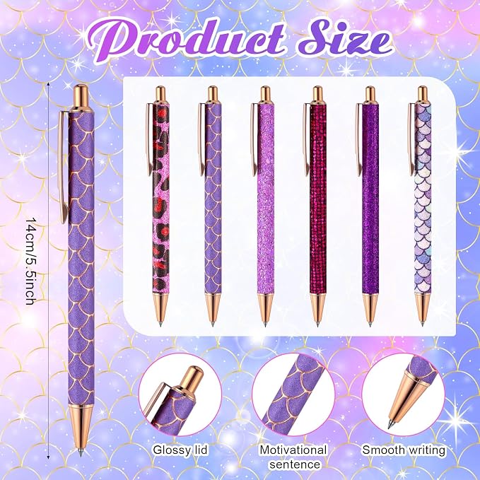 12 Set Cute Mini Notebook and Fancy Pen Gift Set for Women 6 Mini Glitter Pocket Notepad 6 Cute Sparkly Glitter Pen for Girl Office First Day of School Mother's Day Christmas Graduation(Purple)