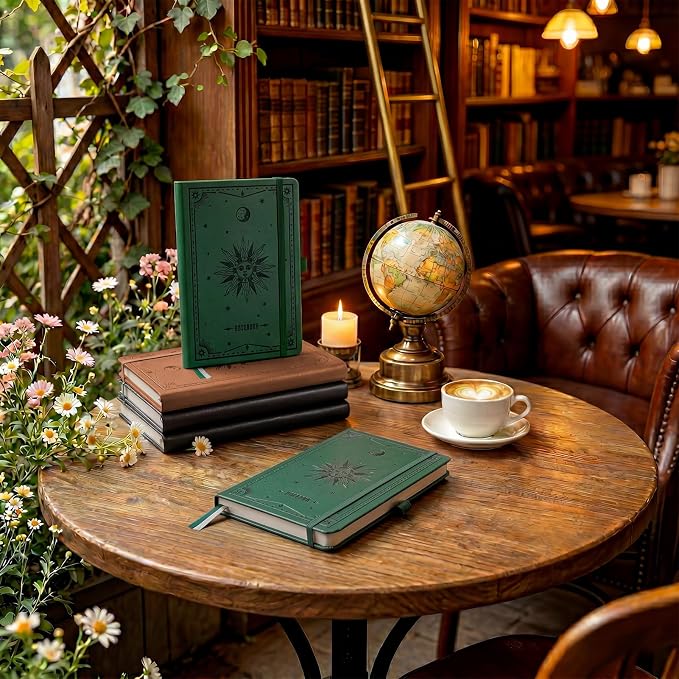 EMSHOI Lined Journal Notebook, 192 Numbered Pages, A5 Size (5.7'' x 8.3'') | Leather Hardcover, 100 GSM Thick Paper, for Women & Men, Journaling, Writing, Work & Office, Sun Debossed (Dark green)