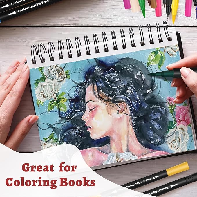 Piochoo Art Markers Pens Dual Tip Coloring Markers Set with Brush & Fine Nib for Adult Coloring Book Cut Gifts Professional Calligraphy & Drawing Art Supplies for Note Taking Journal (72 Colors)