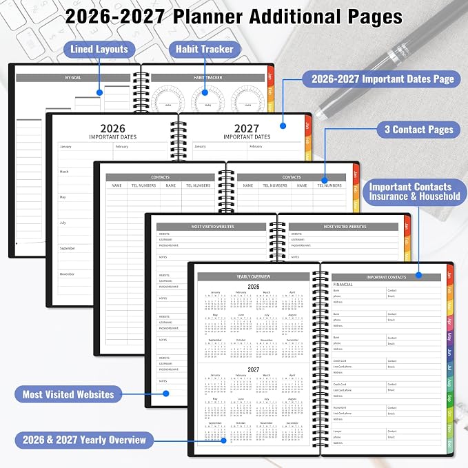 Monthly Planner 2026-2027(7.6'' x 10''), 18 Months Agenda Calendar Planner with Tabs & Pocket, Holidays, Note Pages, Time Management and Hit Your Goals, January 2026 - June 2027, 120GSM Thick Paper
