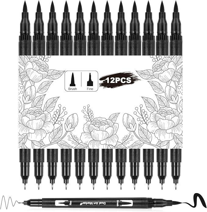 Qianyu 12 Pack Drawing Pens Black Felt Tip Markers Dual Brush Fineliners Pens Fine Calligraphy Brush Pens For Beginners Art Sketching Writing Hand Lettering Scrapbooking Journaling