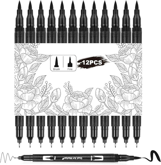 Qianyu 12 Pack Drawing Pens Black Felt Tip Markers Dual Brush Fineliners Pens Fine Calligraphy Brush Pens For Beginners Art Sketching Writing Hand Lettering Scrapbooking Journaling