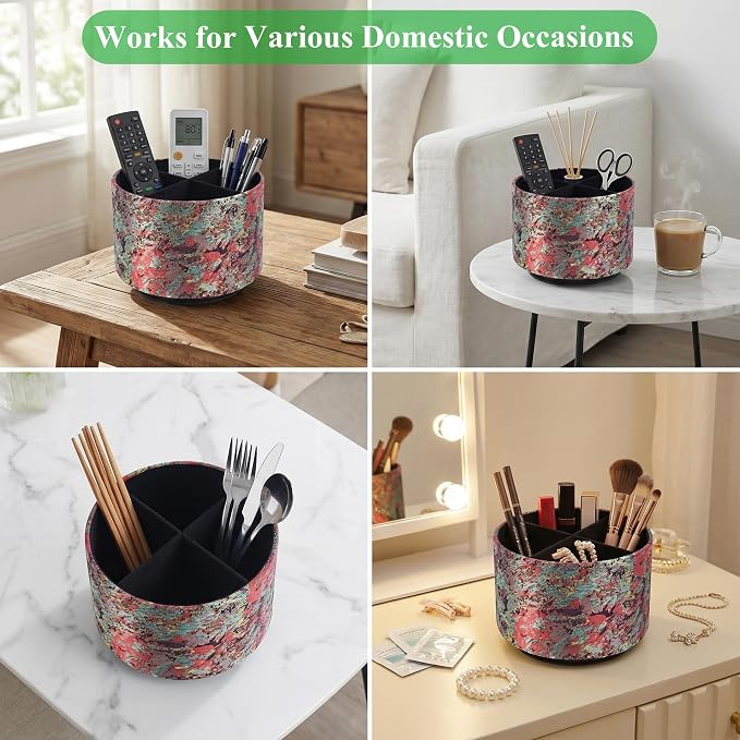 Round Leather Art Supply Organizer,Remote Control Holder,360-degree Rotating Pen Organizer with 4 Compartments(1-Painting Black)