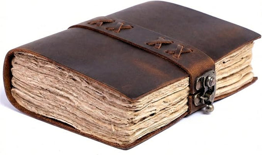 Leather Journal for Women & Men – Vintage Leather Bound Notebook with Lock, 200 Pages Handmade Deckle Edge Paper (200 GSM), Lay Flat Design, Book of Shadows