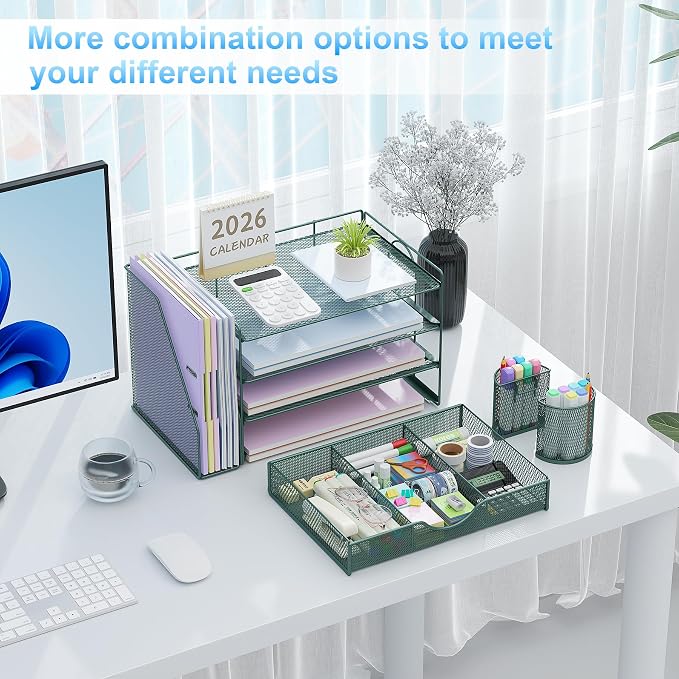 gianotter 4-Tier Desk Organizer with Drawers, File Holders, Letter Trays and Pen Holders - Workspace Accessories for Office Supplies (Green)