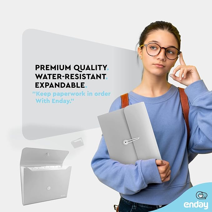 Accordion File Organizer Grey, 7 Pocket Expanding File and Cover Folder with Labels, Plastic Portable Desktop Letter A4 Paper, Also Available in Red, Green, Pink, Blue, Purple, 1 Pc – By Enday