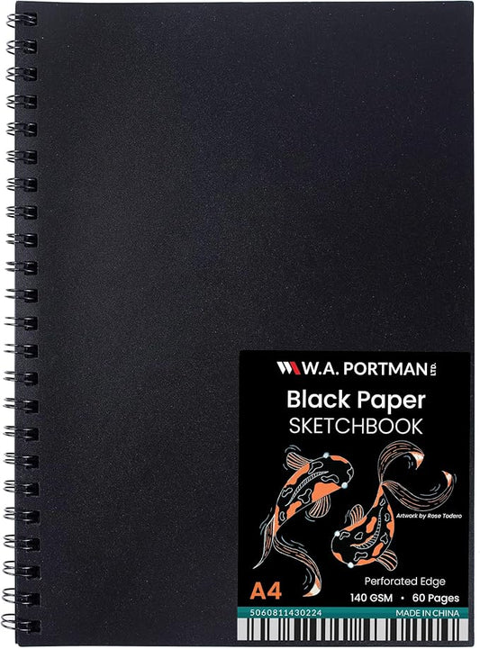 WA Portman Black Paper Sketchbook A4 (8.3" x 11.7") – 140 GSM Acid-Free Black Paper Notebook, 60 Pages (30 Sheets) Spiral Scrapbook Journal, Mixed Media Sketch Drawing Pad for Kids & Adults