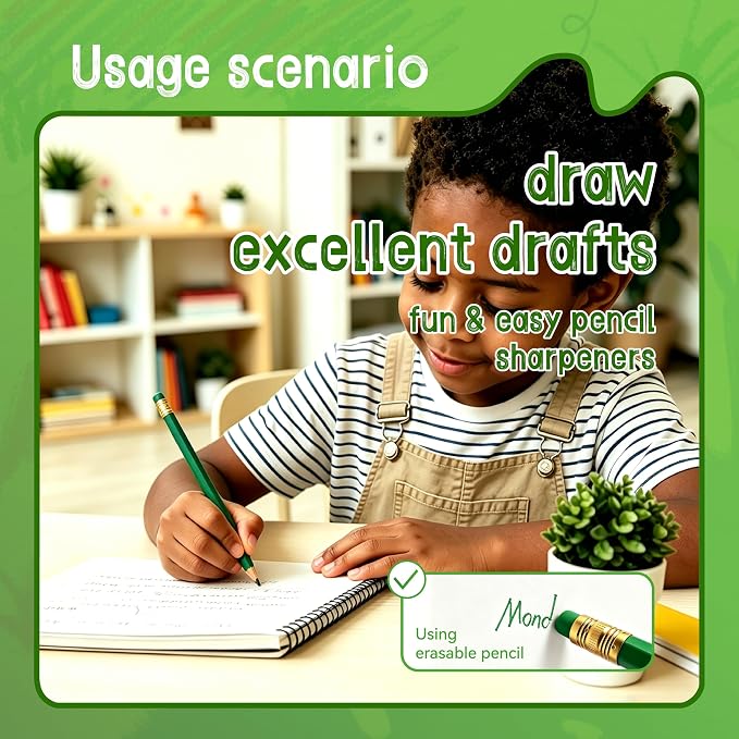 12 Pcs Green Pencils with Eraser for Kids HB Erasable Pencils Pre-Sharpened Professional Wooden Pencils Set with Smooth Lead Cores, Ideal for School Drawing, Sketching, Coloring and Creative Projects