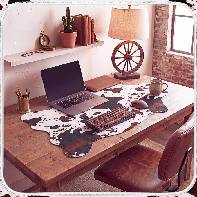 Sabary Large Cow Print Desk Mat Cowhide Leather Print Desk Mat Western Cowboy Rug Gaming Mouse Pad Irregular Shaped Animal Decor for Laptop Computer Office Home Desktop Decor 31.5" x 15.8"