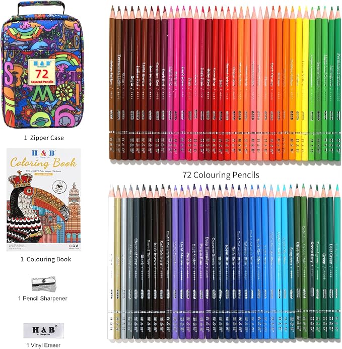 H & B 72PCS Colored Pencils for Adults with Coloring Book, Soft Core Oil-Based Drawing Pencils for Adult Coloring, Professional Art Supplies with Zipper Case for Artists