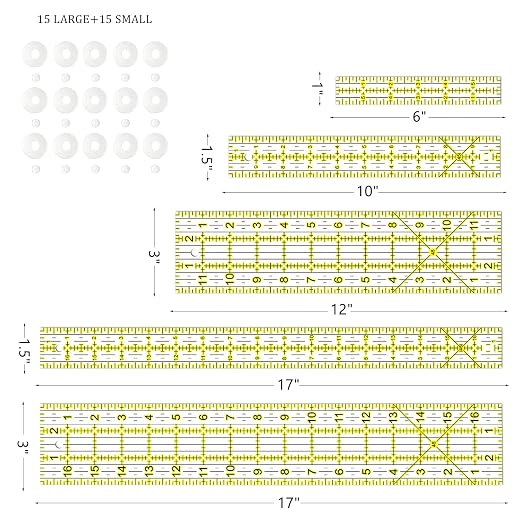 Sewing Ruler,5 Piece Quilting Rulers,3 x17 Inch,1.5 x17 Inch,3 x12 Inch,1.5 x10 Inch,1 x6 Inch,Acrylic Ruler,Cutting Ruler with Non-Slip Rings (Yellow)